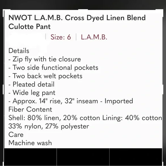 NWOT- L.A.M.B. Cross Dyed Linen Blend Pant-6 - Picture 14 of 14